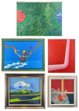 Lotto composto da cinque oli su supporti, soggetti, autori e misure diverse
mis