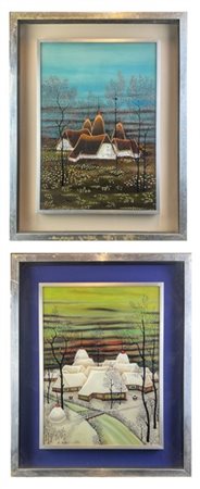 Lotto composto da due dipinti Naif raffiguranti paesaggi, di misure diverse
cm