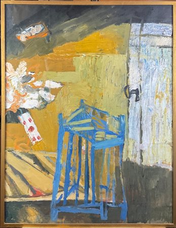 Alberto Gianquinto "Natura morta con gabbia e carte da gioco 5 di cuori (quadri)