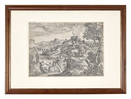 GIOVANNI FRANCESCO GRIMALDI "Paesaggio con suonatore di liuto"
acquaforte (mm 34