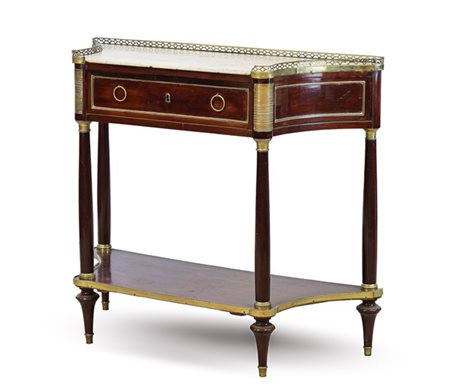 Console in mogano di forma sagomata con cassetto nella fascia, gambe a colonna