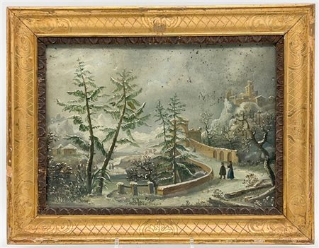 Ignoto 
"Paesaggio innevato con figure" 
olio su cartone (cm 25x35)
in cornice