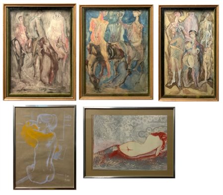 Lotto composto da tre tecniche miste su carta raffiguranti figure, di misure di