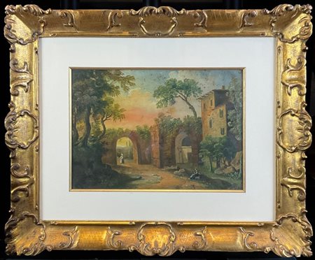 Ignoto del secolo XIX

"Paesaggio con architetture e figure" 
olio su cartone (