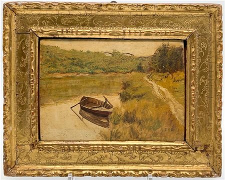 Ignoto dellla seconda metà del secolo XIX

"Scorcio fluviale con barca" 
olio s