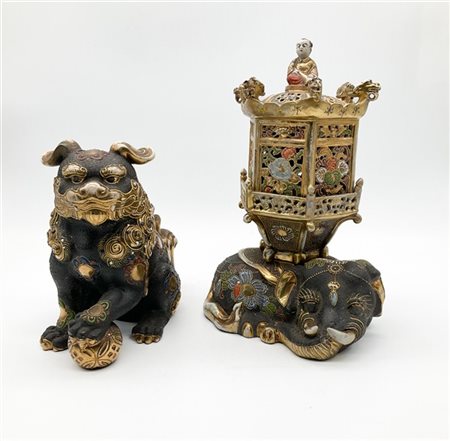 Lotto composto da un incensiere in forma di elefante su cui poggia una lanterna