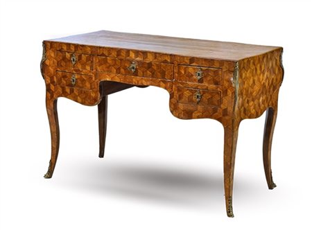 Scrivania da centro interamente lastronata e intarsiata a marqueterie in legni