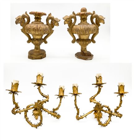 Lotto composto da coppia di applique a tre luci in ferro ritorto e lamierino do