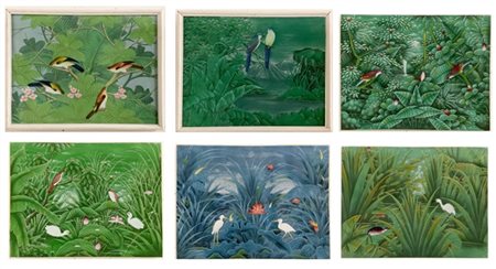 Gruppo di sei tecniche miste su tela a soggetto ornitologico e paesaggio. Due i