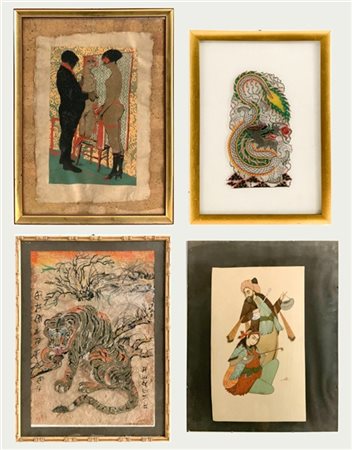 Lotto di quattro quadri con soggetti, misure e decori diversi (difetti)