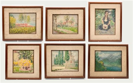 Enrico Erba Lotto composto da sette dipinti di diversi soggetti ad olio su carto