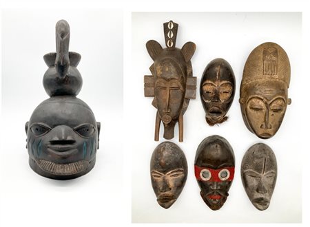 Arte Africana, Costa d'Avorio. Gruppo di sette maschere etncihe in legno intagl