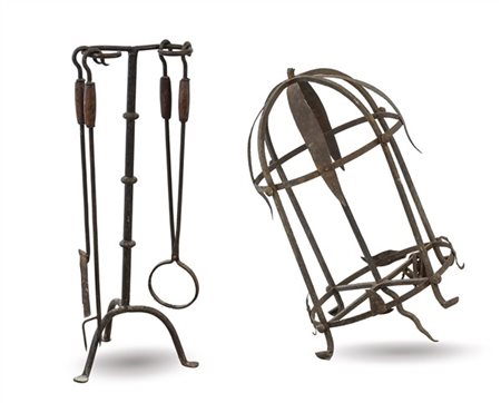 Lotto composto da antico elemento decorativo a gabbia in ferro battuto con deco