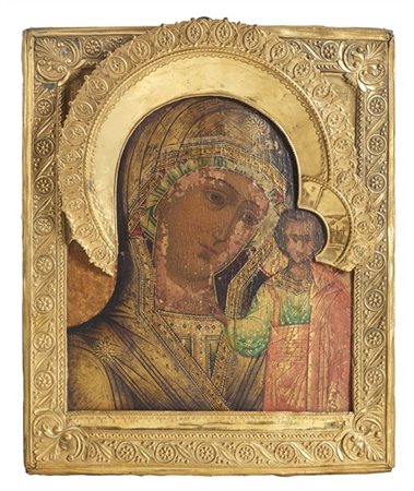 Arte russa, secolo XIX. Icona a tempera e oro su tavola raffigurante Madonna di