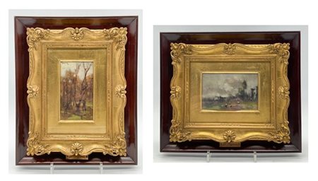 Lorenzo Gignous Lotto composto da due "Paesaggi" ad olio su diversi supporti (cm