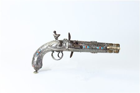 Simulacro di pistola a pietra focaia a doppia canna in argento e metalli, inser