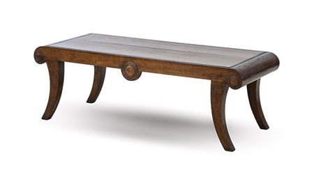 Panchetto in rovere con gambe a sciabola e scanalature circolari. Inghilterra,