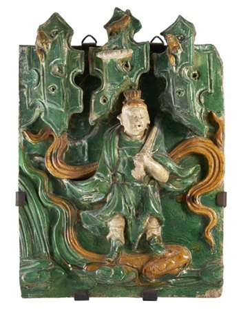 Placca in gres smaltato Sancai nei toni del verde, giallo ocra e bianco crema r