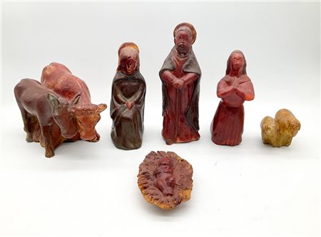 Lino Berzoini (Attr.) Presepe in terracotta dipinta composto da dodici figure (h