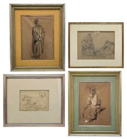 Scuola di fine secolo XIX
Lotto composto da quattro tecniche miste su carta di