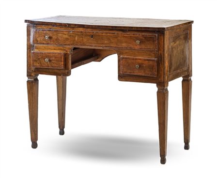 Toilette in noce filettato con fronte a due cassetti e un finto cassetto, gambe