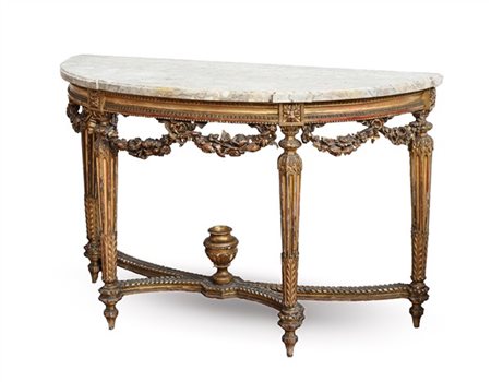 Console a demi-lune in legno intagliato e dorato, fascia perlinata e decorata a