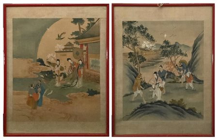 Coppia di dipinti su seta raffiguranti figure orientali entro paesaggi naturali