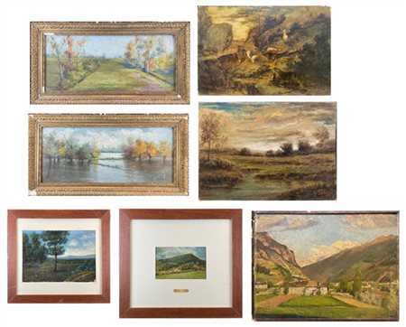 Lotto composto da sette dipinti ad olio raffiguranti "Paesaggi" su diversi supp