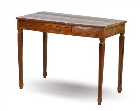 Tavolo scrittoio da centro lastronato in noce e legni vari ad un cassetto nella