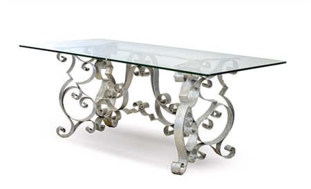 Tavolo con sostegno in ferro ritorto e verniciato color argento a volute, piano