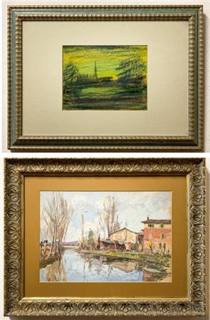 Lotto composto da due oli su tela, uno su masonite e due tecniche miste su cart