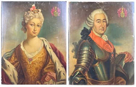 Ignoto
Ritratti di gentiluomo in armatura e gentildonna 
Coppia oli su tavola (