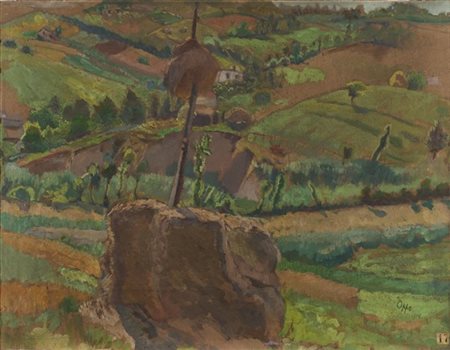 Cipriano Efisio Oppo "Campagna con covoni" 1918
olio su cartone (cm 43x55)
firma