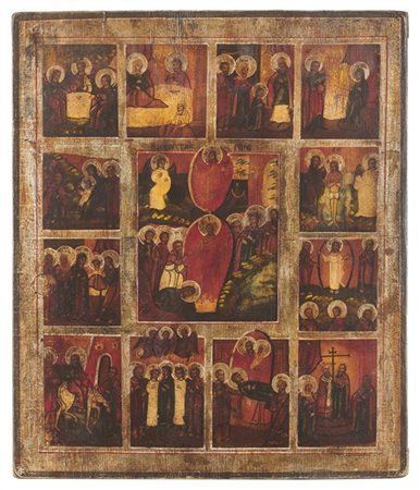 Arte russa, secolo XIX. Icona a tempera su tavola raffigurante le Dodici Grandi