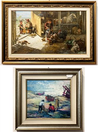 Lotto composto da un olio su tela di P. Moskal raffigurante una scena contadina