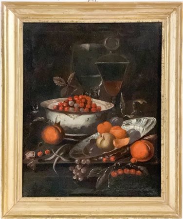 Ignoto del secolo XVIII

"Composizione con vasellame, bicchieri e frutta"
olio