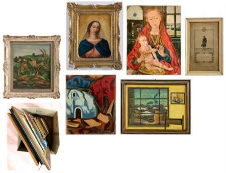 Cartone contenente numerose stampe, riproduzione e oli di soggetti e misure div