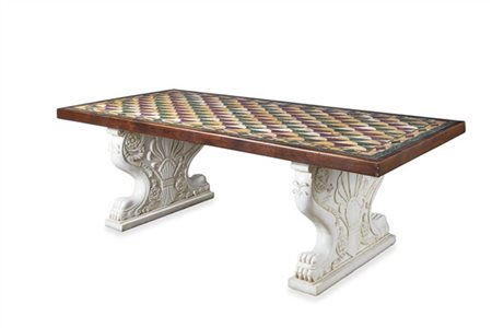 Piano con intarsi di porfido rosso, porfido verde, giallo Siena e broccatello d