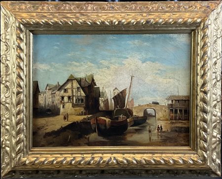 Scuola nordica del secolo XIX

"Fiume in secca con case e personaggi" 
olio su