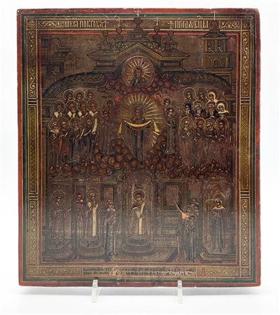 Arte russa del secolo XIX. Icona tempera su tavola della Madonna di Pokrov (cm