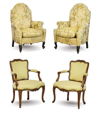 Lotto composto da due coppie di poltrone di cui una in stile Luigi XV e una riv