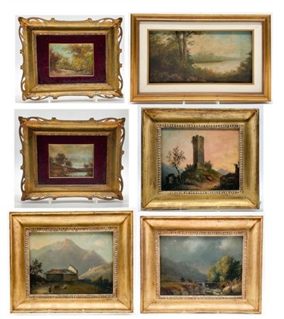 Scuola del secolo XIX, 
Lotto composto da sei dipinti ad olio raffiguranti "Pae