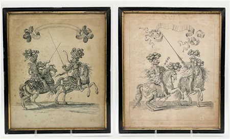 FRANÇOIS CHAUVEAU Due acqueforti raffiguranti "Cavalieri del Carosello tenuto a