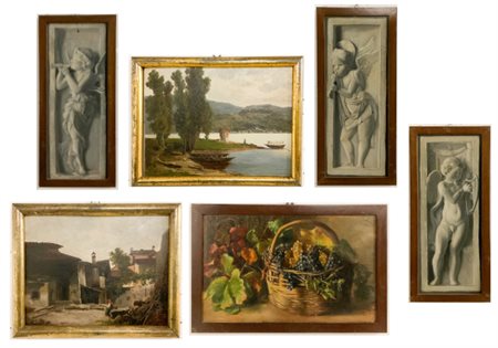 Lotto composto da sei dipinti ad olio di diversi soggetti e misure (cm max 60x1