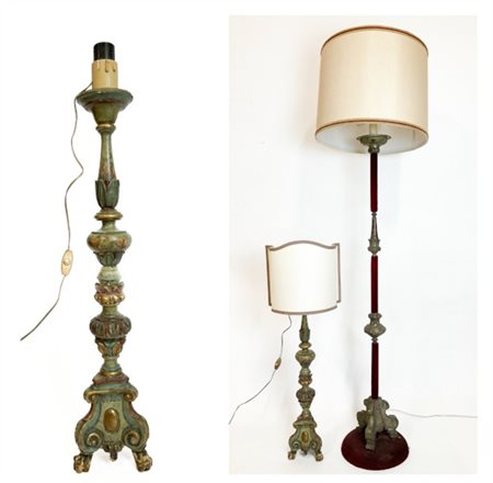 Lotto composto da antica torciera in legno intagliato adattata a lampada con pa