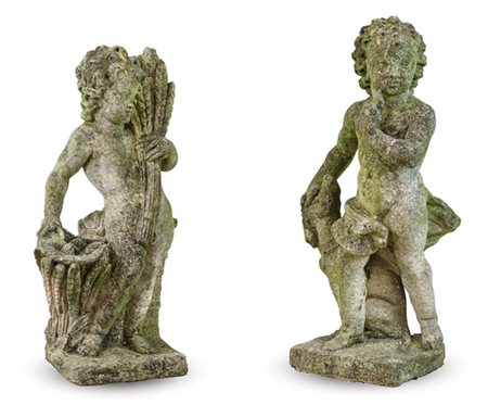 Coppia di sculture da giardino in pietra raffiguranti putti allegorici (h cm 79
