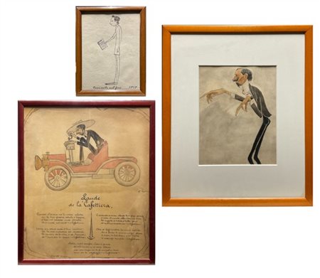 Tre diverse caricature a tecnica mista su carta nello stile di Angelo Tricca (c