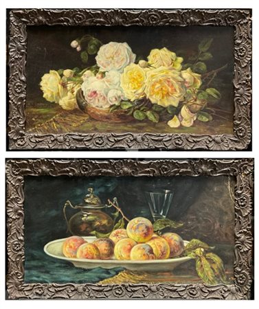 Coppia di composizioni ad olio su cartone (cm 30x56)
in cornci (difetti)