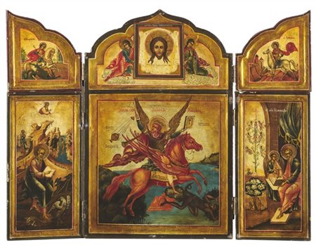 Arte russa, secolo XIX. Trittico da viaggio. Icona con San Michele e Santi, tem