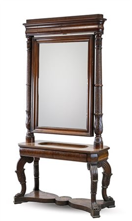 Psiche in mogano e altre essenze con montanti a colonna scanalata e specchio ba